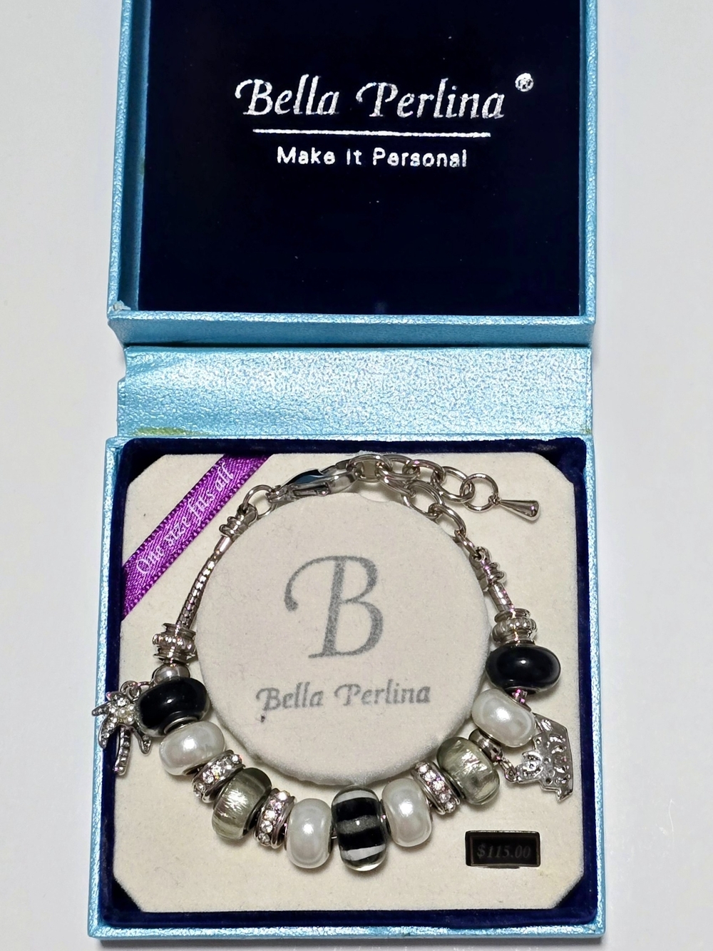 Bella Perlina Black & White Italian Murano Glass Bead Charm Bracelet